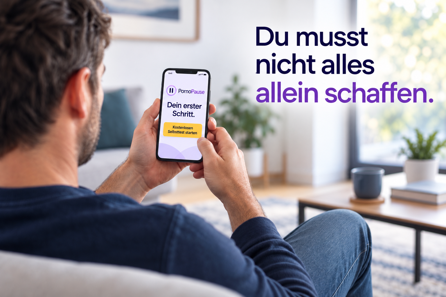 Du musst nicht alles allein schaffen. Ein Mann schaut auf den PornoPause-Selbsttest.
