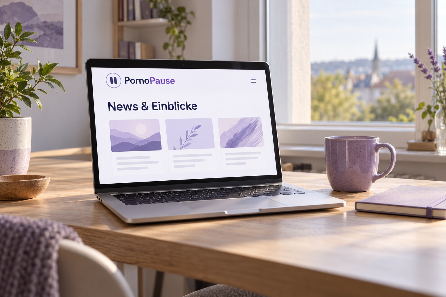 Ein heller Schreibtisch mit Laptop, PornoPause News & Einblicke auf dem Bildschirm und einer lilafarbenen Tasse.