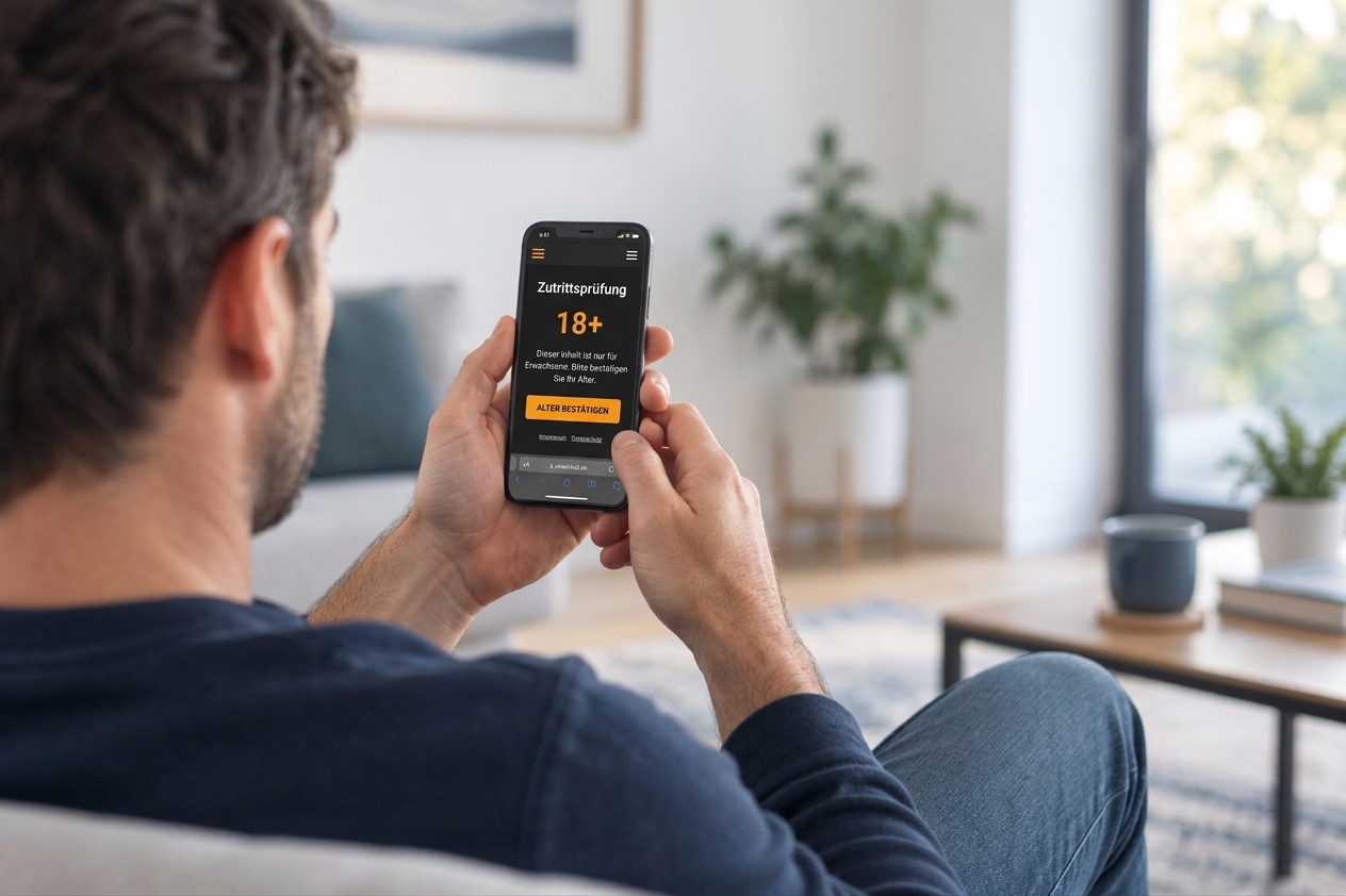 Ein Mann hält vor einer Altersabfrage auf seinem Smartphone inne.