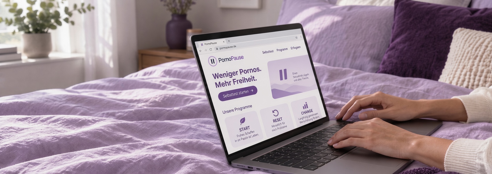 PornoPause auf einem Laptop in einer ruhigen Umgebung mit lilafarbener Bettwäsche