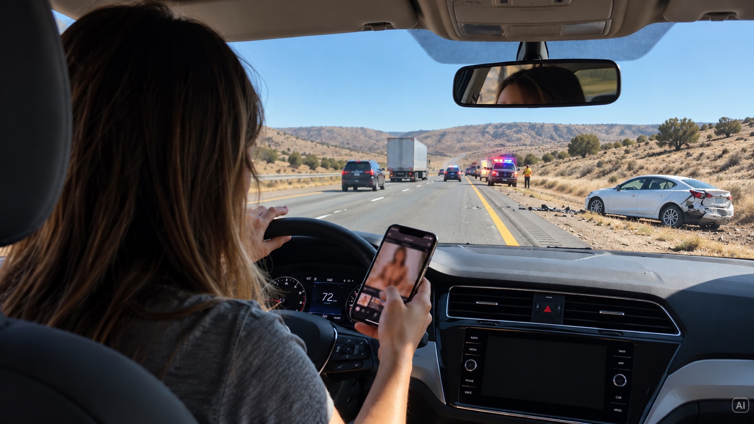 KI-generierte Illustration aus dem Innenraum eines Autos: Eine Fahrerin nutzt ihr Smartphone, während sich ein Unfall auf einer Interstate in Utah ereignet.