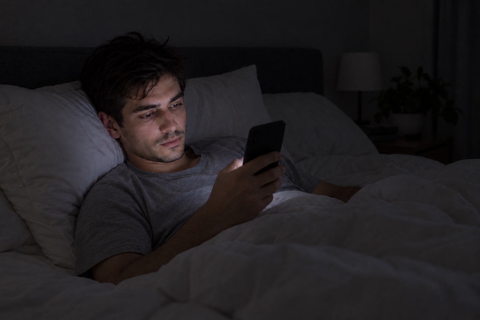 Ein erwachsener Mann liegt im dunklen Schlafzimmer im Bett und schaut auf sein Smartphone. Die Nachttischlampe ist ausgeschaltet.