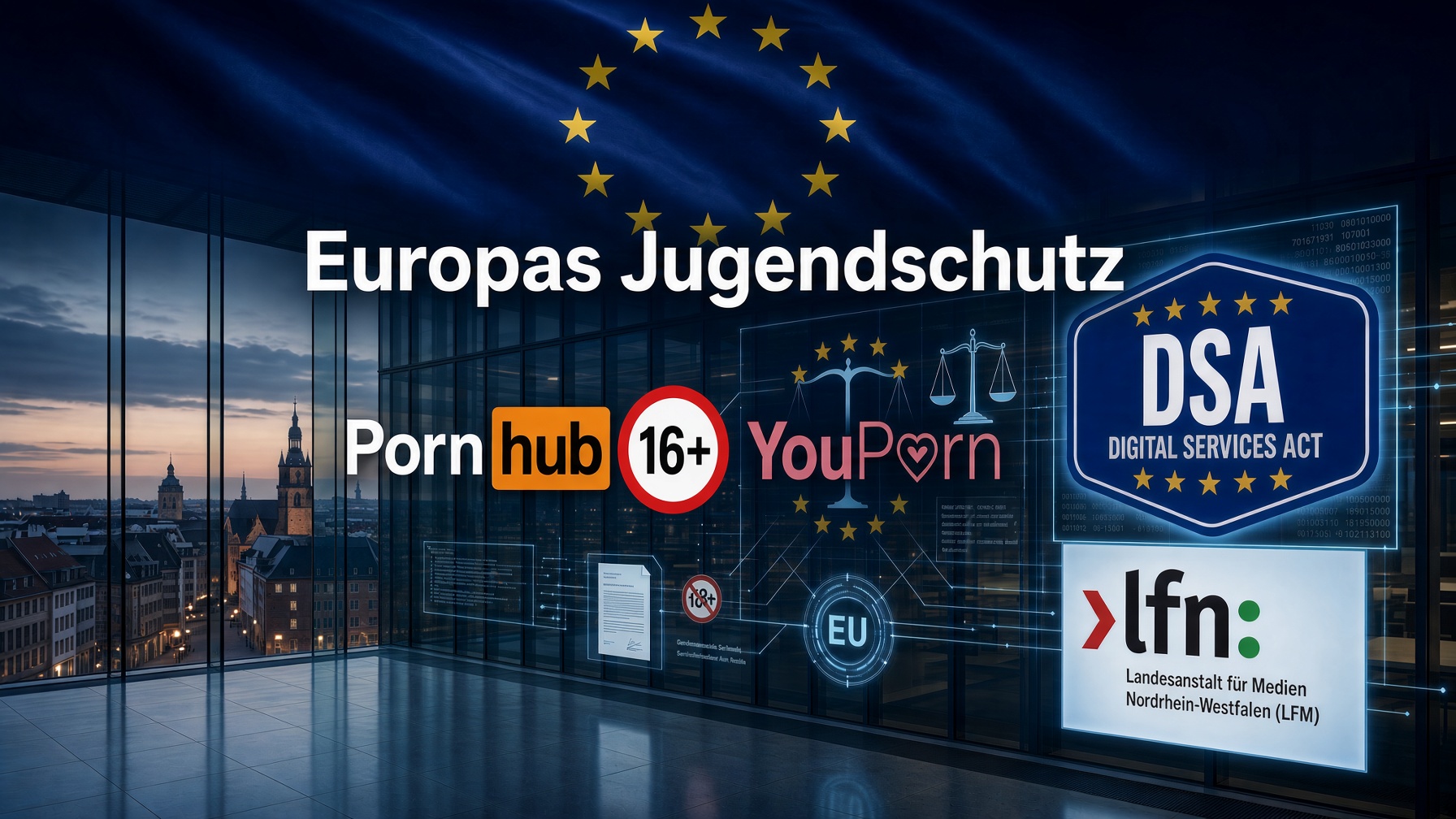 Symbolbild mit EU-Sternen, Pornhub, YouPorn und dem Digital Services Act.