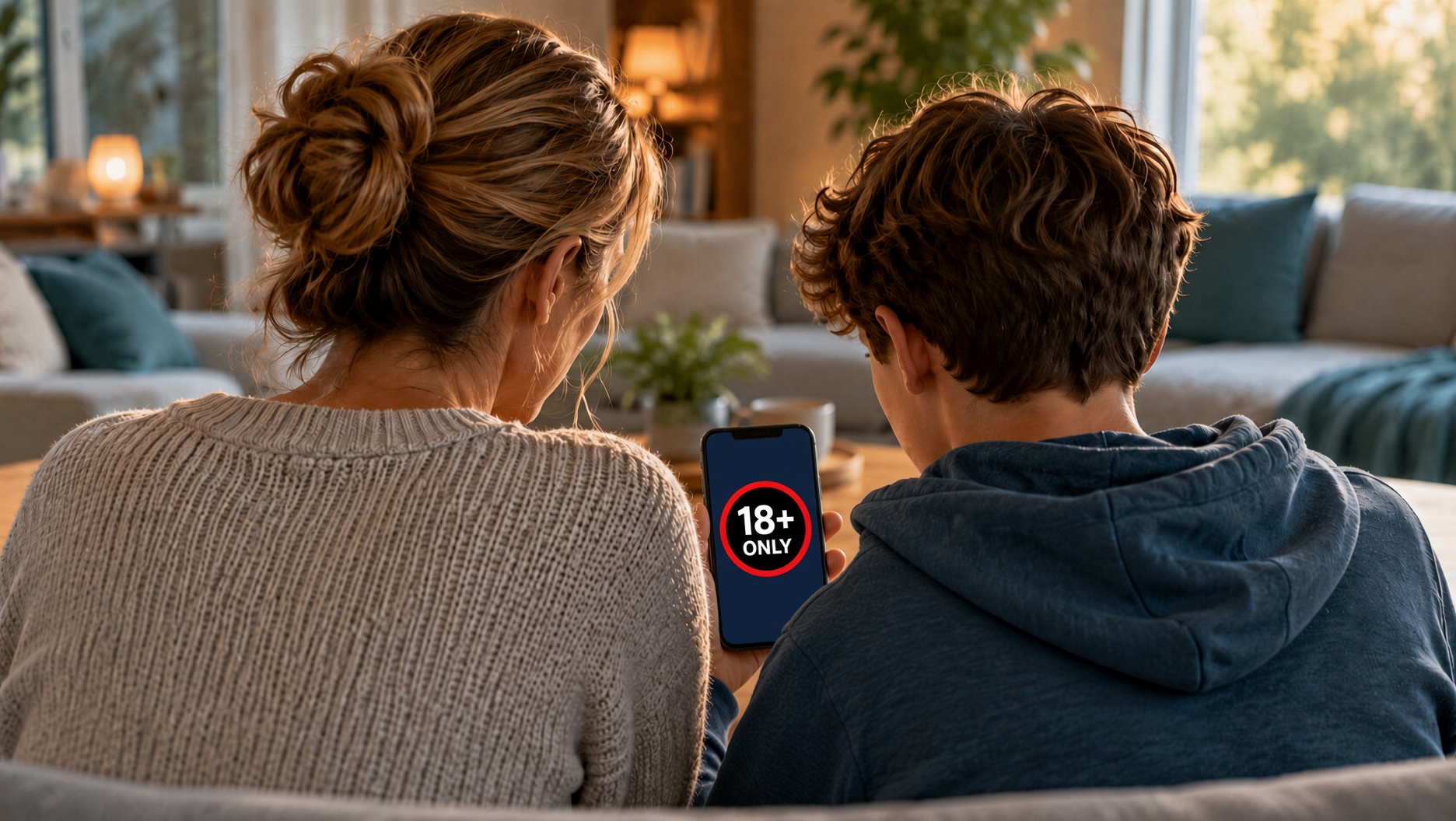 Mutter und Sohn schauen von hinten auf ein Smartphone mit einem 18+-Symbol.