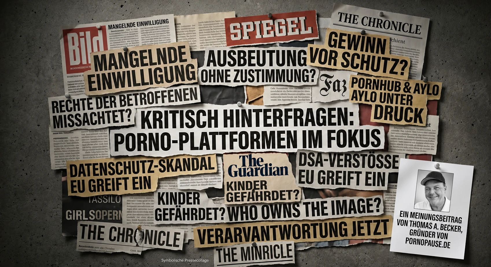 Symbolische Pressecollage über Pornhub, Einwilligung, Jugendschutz und die Rechte Betroffener mit einem Porträt von Thomas A. Becker unten rechts.