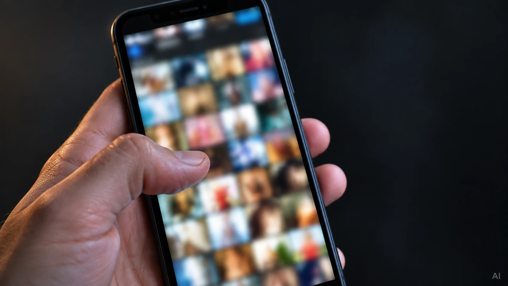 Eine Hand hält ein Smartphone mit unscharfen Medienvorschaubildern vor dunklem Hintergrund. KI-generiertes Symbolbild.