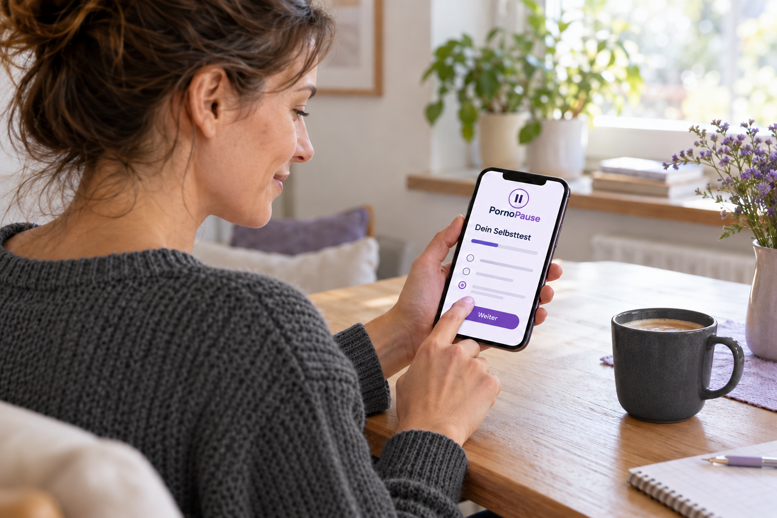 Eine Frau im dunkelgrauen Pullover nutzt den PornoPause-Selbsttest auf ihrem Smartphone. Daneben steht eine dunkelgraue Tasse.