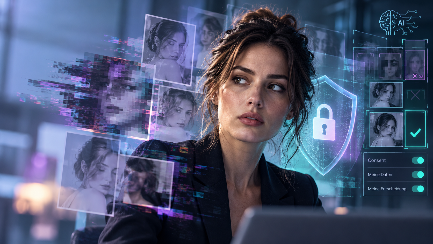 KI-generiertes Symbolbild: Eine Frau vor digitalen Porträts und einem leuchtenden Schutzschild mit Schloss als Symbol für Einwilligung und digitale Selbstbestimmung.