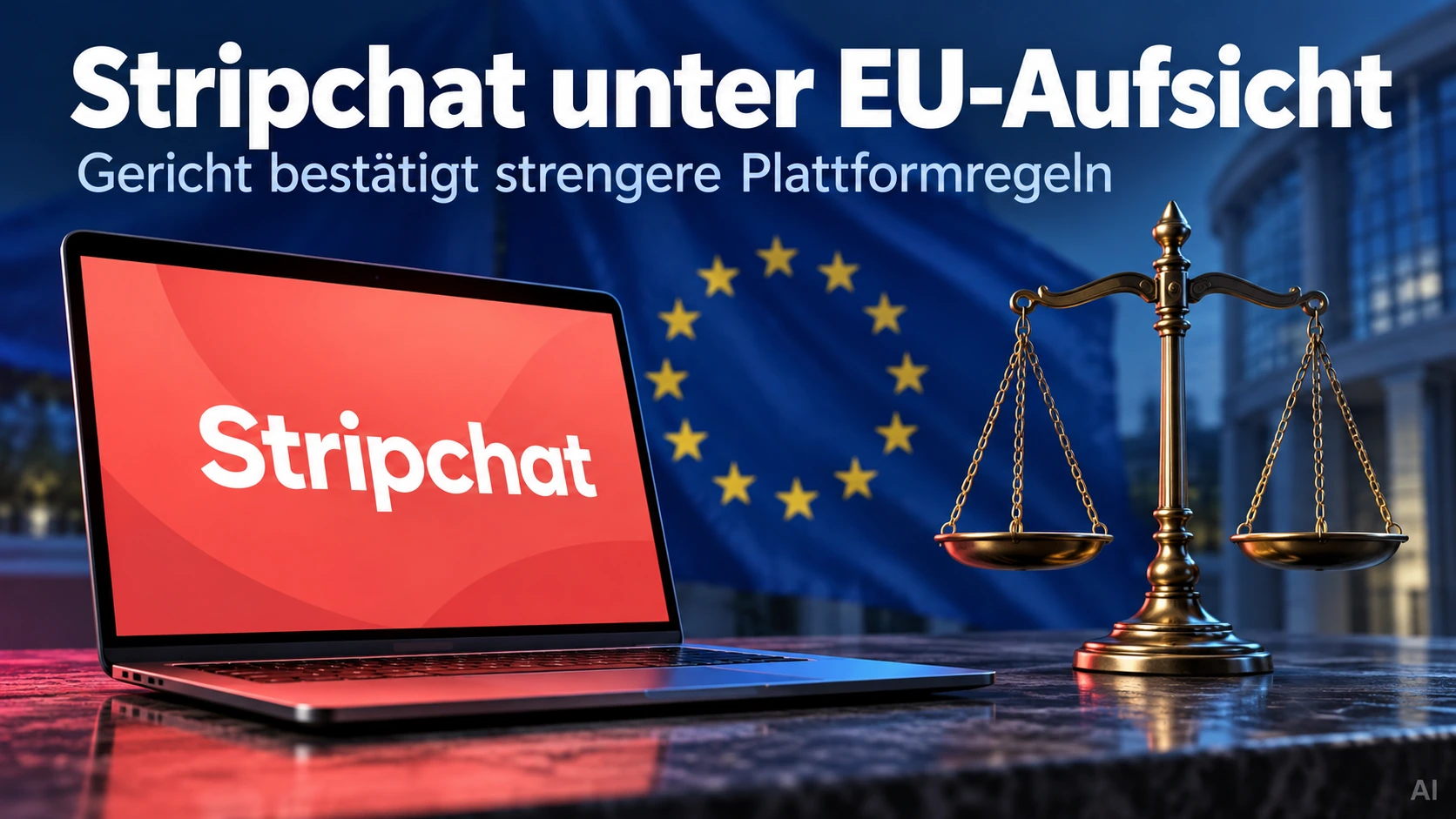 KI-generiertes Symbolbild: Laptop mit Stripchat-Schriftzug, EU-Sterne und Justizwaage. Überschrift: Stripchat unter EU-Aufsicht – Gericht bestätigt strengere Plattformregeln.