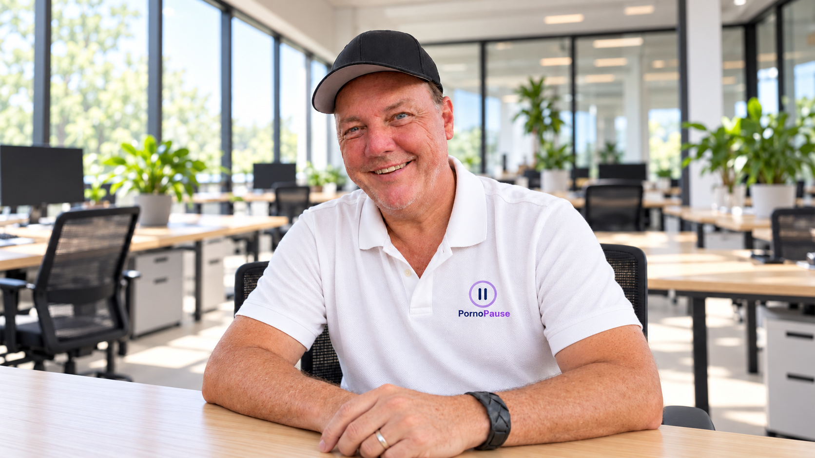 Thomas Becker mit schwarzer Basecap und weißem PornoPause-Polo im hellen Büro. KI-bearbeitetes Porträt.